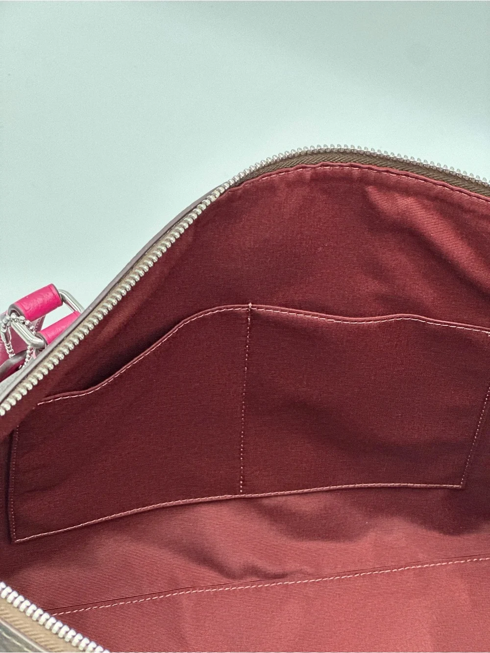 Coach Brown Signature Tote with Pink Handles